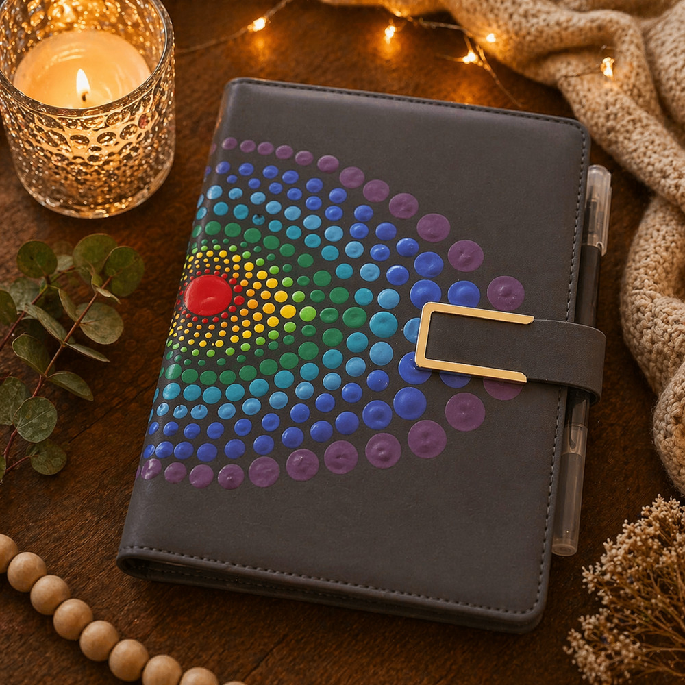 Hand Painted Mandala Journal Gray Faux Leather Planner Rainbow Dot Art Notebook